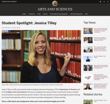 Screenshot of the article featuring an image of Jessica Tilley in the Thompson Library